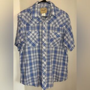 Wrangler Blue White Silver Plaid western shirt short sleeve pearl snap men L